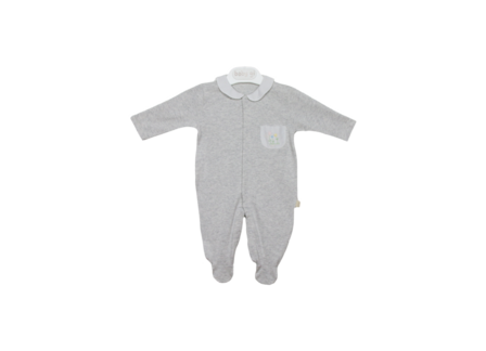 Grey velour babygrow with collar &amp; pocket - flower detail 1m