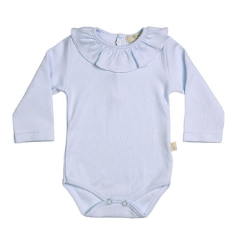 Blue cotton bodysuit with frilly collar 12m